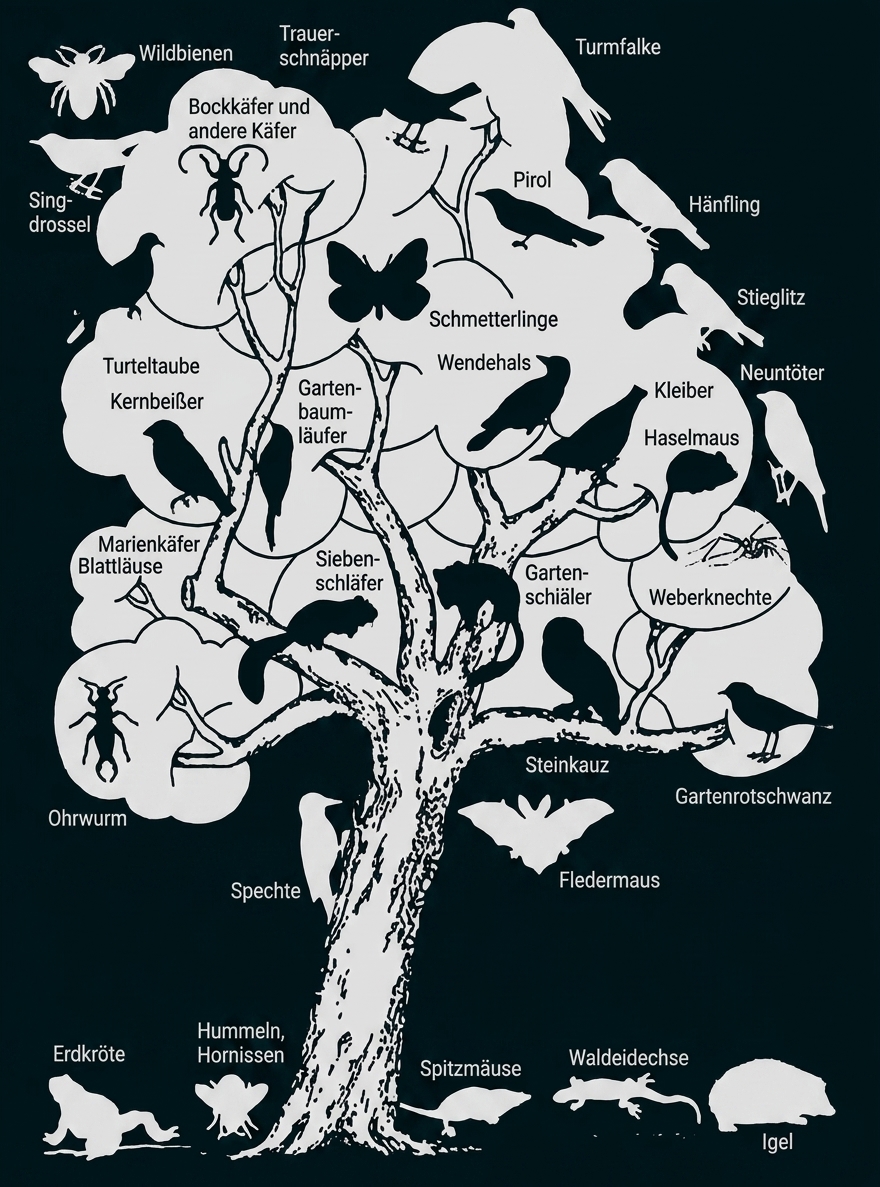 Schwarz-weißes Bild eines Baums mit Silhouetten und Beschriftungen von Vögeln, Insekten und Kleintieren